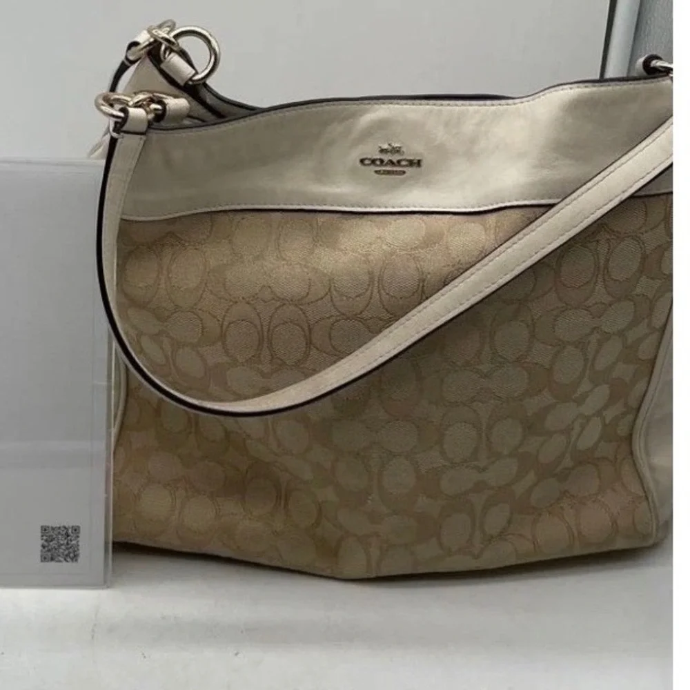 Coach Signature Jacquard Leather Hobo Bag Cream Beige Gold Hardware